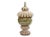 A beautifully sculptural Italian faience lidded urn featuring hand-painted olive green, cream, and warm ochre decoration...
