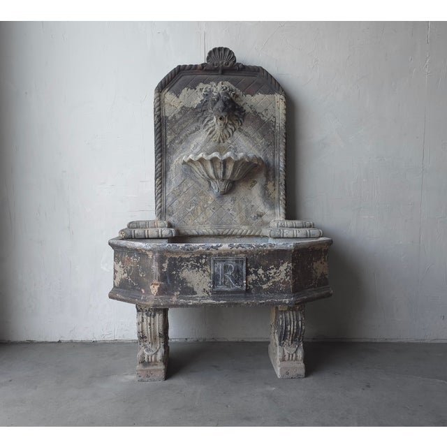 Aged Cast Stone Lions Head Wall Spitting Garden Fountain For Sale - Image 4 of 14