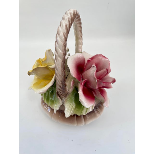 Pink Vintage Italian Capodimonte Pink & Yellow Roses Porcelain Centerpiece Basket For Sale - Image 8 of 9
