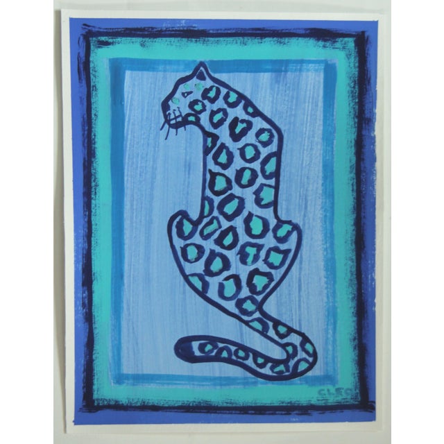 Painting of a Leopard in rich shades of blue with multiple borders. Contemporary animal safari big cats patterns. This...