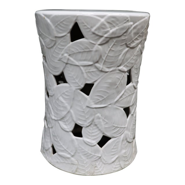 White Glazed Ceramic Garden Stool With Leaf Motif For Sale