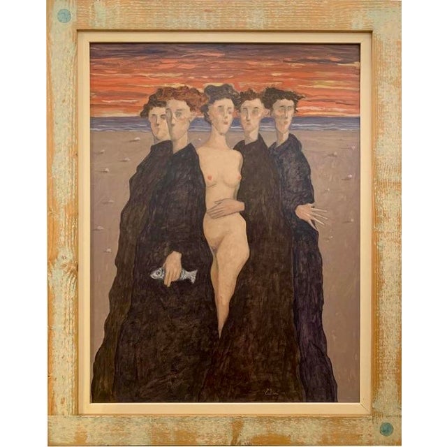 A female nude in fading light, the Tuscan coast behind her deepening from gold to rose as the sun descends. Talani painted...