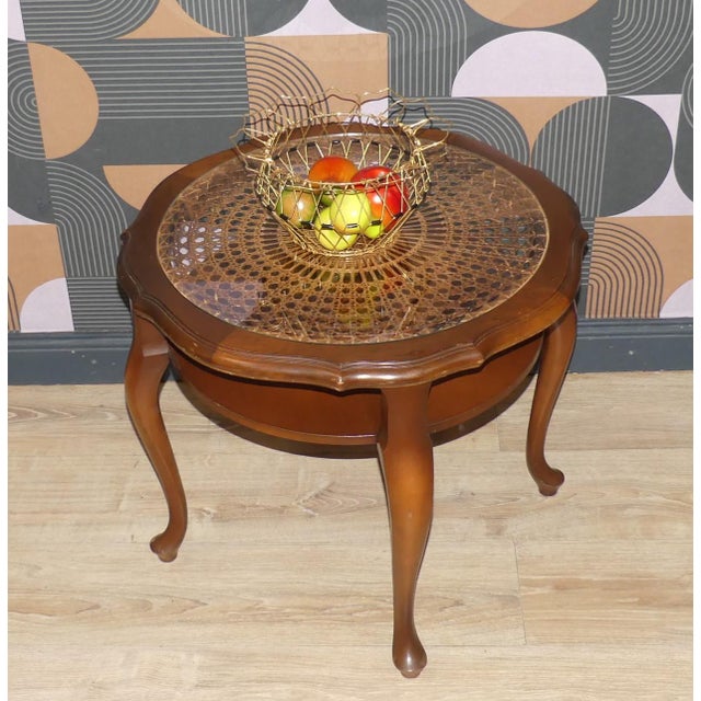 Mid-Century Modern Chippendale Round Side Table with Shelf Wicker and Glass by Ilse Möbel, 1960s For Sale - Image 3 of 15