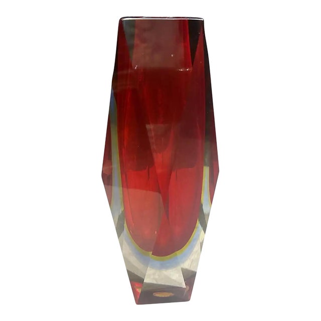 1970s Modernist Red Faceted Murano Glass Vase by Seguso For Sale