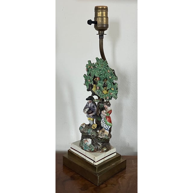 Antique Early 19th Century English Staffordshire Figure of a Georgian Couple With Dovecote Tree Mounted as a Table Lamp For Sale In New York - Image 6 of 12