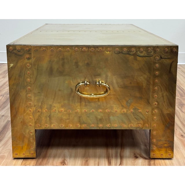 Vintage Brass Clad Sarreid LTD Coffee Table Trunk For Sale - Image 9 of 14