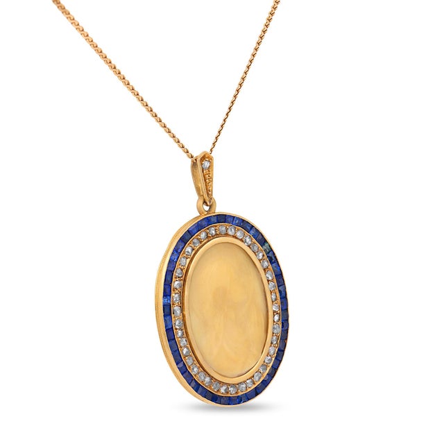 Victorian 1900-1909 Victorian Diamond Sapphire Cameo 18k Yellow Gold Necklace For Sale - Image 3 of 6