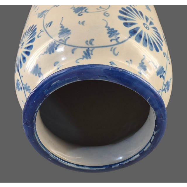 Vintage Pottery Blue & White Hand Painted Floral 17.5'' Tall Floor Table Vase For Sale - Image 11 of 13