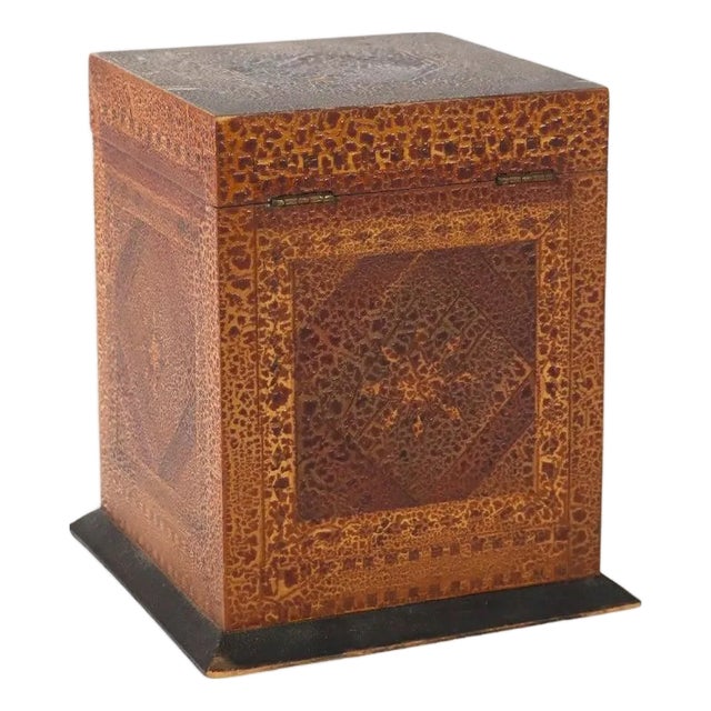 Antique Mixed Wood & Marquetry Cigar Box With Glass Insert C1910 For Sale