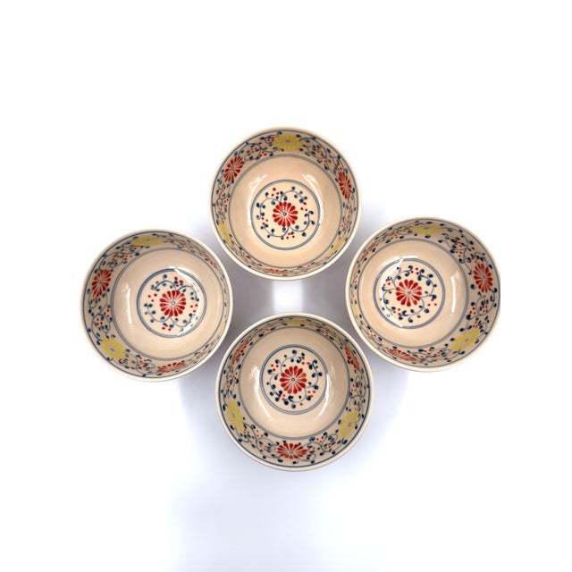 Modern Set of 4 Hand-Painted Bat Trang Vietnamese Ceramic Soup Bowls With Floral Motifs For Sale - Image 3 of 13