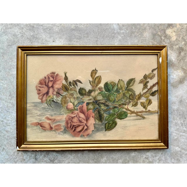 Traditional Circa 1800s Drawing of Roses in Gilt Plaster Frame With Wavy Glass Signed M a Sheller For Sale - Image 3 of 7