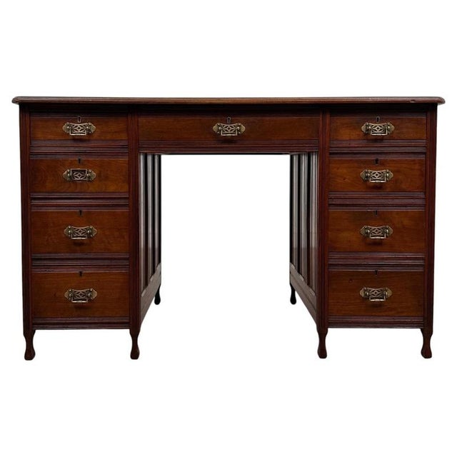 Early 20th Century English Walnut Writing Desk with Red Leather Top For Sale - Image 12 of 12