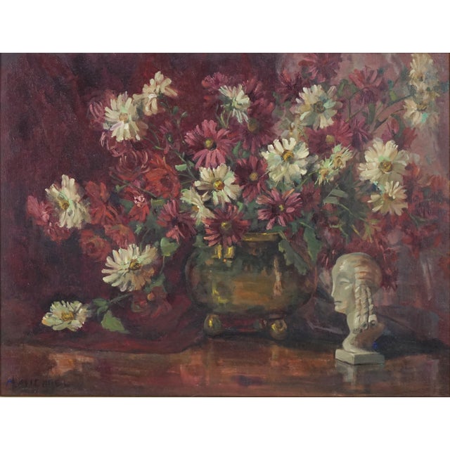 Wonderful vintage impressionist still life with burgundy and white African daisies (Osteospermum) in brass cache pot with...