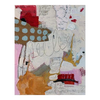 Christiane Corcelle "Echoes of Scarlet Reverie" Mixed Media on Cradled Board, Small Abstract Painting in Pink, Ochre and Scarlet, 2023 For Sale