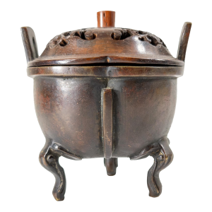 19th Century Chinese Bronze Incense Burner Censer With Carved Lid