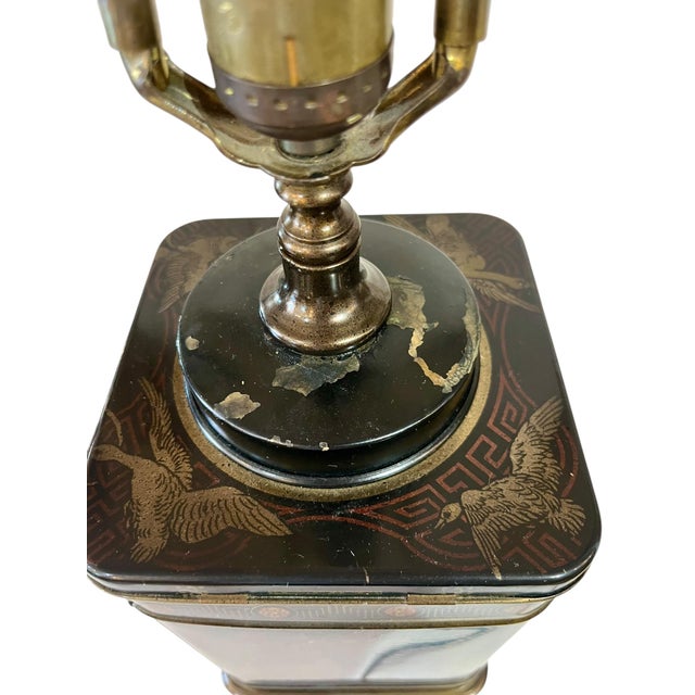 Mid 20th Century Pair Frederick Cooper Style Black Chinoiserie English Tin Tea Caddy Lamps With Original Shades For Sale - Image 16 of 18
