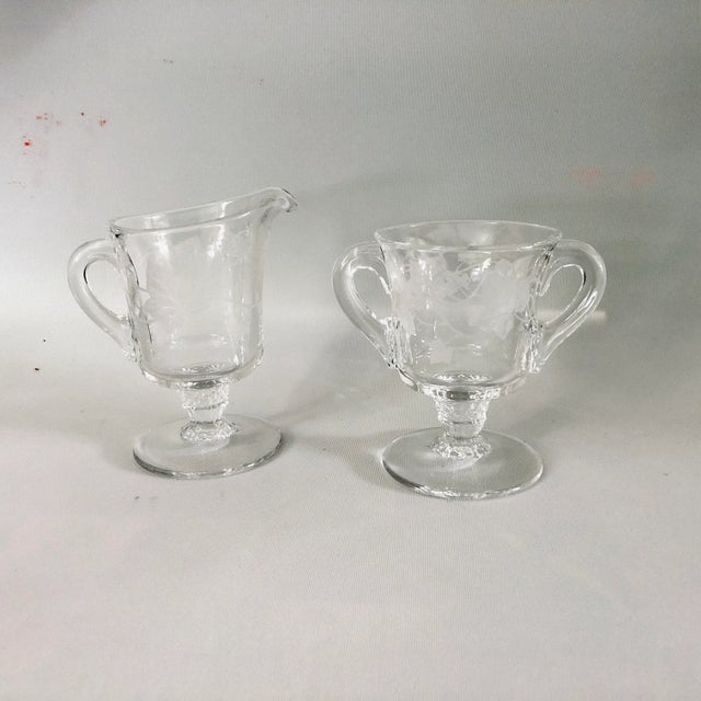 1960s Vintage Glass Grape Vine Etched Creamer & Sugar For Sale - Image 5 of 5
