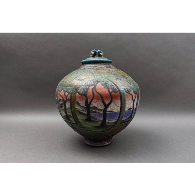 American Ken Jensen 1998 Signed Large Landscape Scene Raku Pottery Covered Vessel Pot Jar For Sale - Image 3 of 10