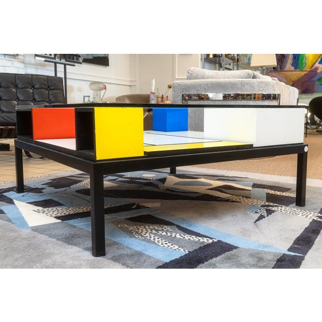 Custom Made Piet Mondrian Style Postmodern Square Glass and Wood Coffee Table For Sale - Image 9 of 10
