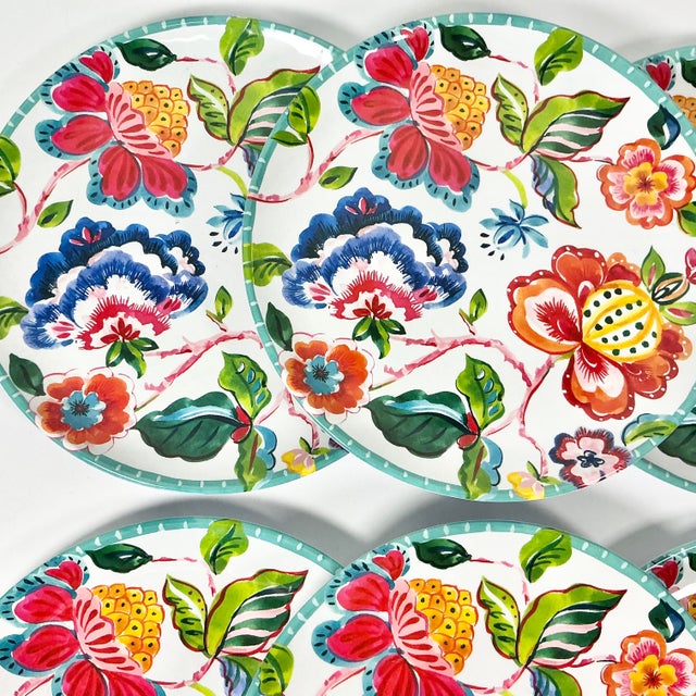 Plastic Vintage Boho Chic Coastal Flora Melamine Luncheon Plates - Set of 6 For Sale - Image 7 of 9