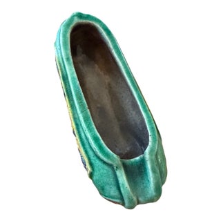 Antique Asian Pottery Scholar's Object, Green Crackle Glaze With Blue Dragon Relief For Sale