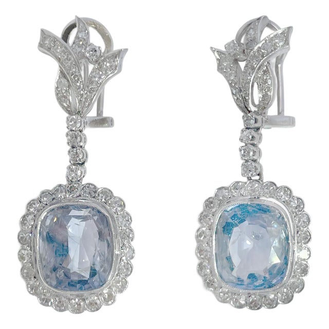 Vintage 10k White Gold Ceylon Sapphire and Diamond Dangle Earrings, Pair For Sale