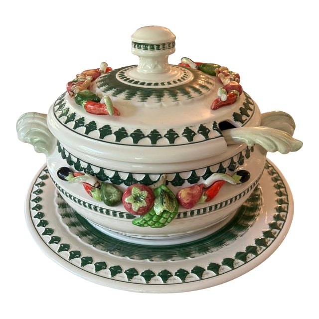 Mid 20th Century Trompe L’oeil Green and White Earthenware Tureen With Ladle and Underplate For Sale