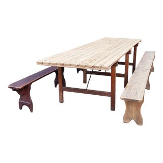 Antique French Folding Garden Table Set with Benches, Pine and Chestnut, 1890s, Set of 3 For Sale