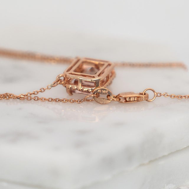 Pink Natural Morganite & Diamond Halo Pendant Necklace: Solid 14k Gold With Chain For Sale - Image 8 of 8
