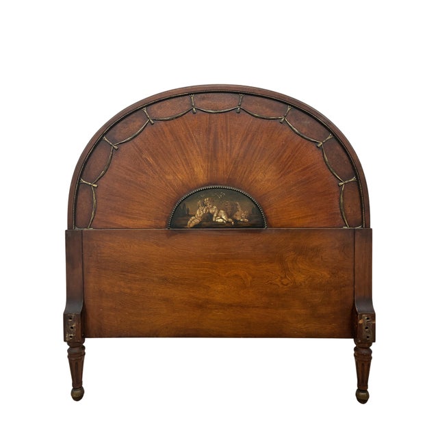An elegant antique Neoclassical twin bed crafted in richly figured mahogany with exceptional hand-painted classical panels...