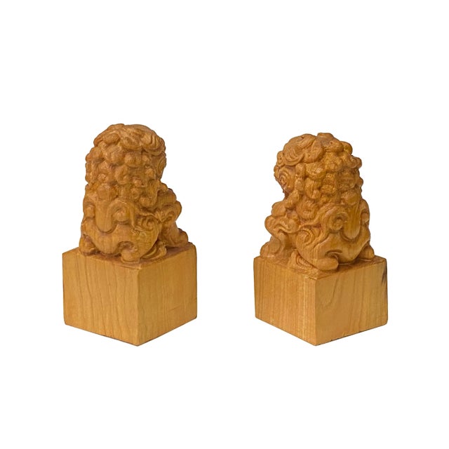 2010s Chinese Pair Wood Carved Mini Foo Dogs Lions FengShui Figures For Sale - Image 5 of 6