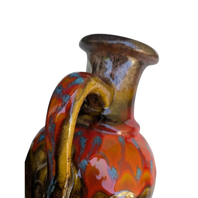 1960s Mid-Century Model No. 334-19 Pitcher in Hand-Painted, Brown Ceramic with Red and Blue Glaze, West German, 1960s For Sale - Image 5 of 7