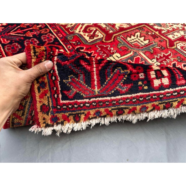 Ruby Red Vintage Caucasian Tribal Rug 10'2" X 12'9" – Oversized Heriz Design Wool Living Room Carpet For Sale - Image 8 of 9