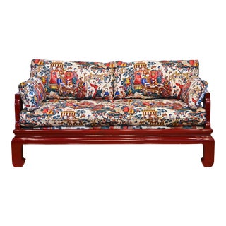 Ming Style Red Lacquered Hardwood Sofa With Exquisite Upholstery and Fabric For Sale