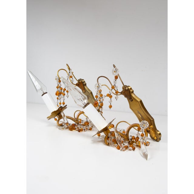 French Wall Sconces in Brass and Amber Crystals, 1960s, Set of 2 For Sale - Image 6 of 10