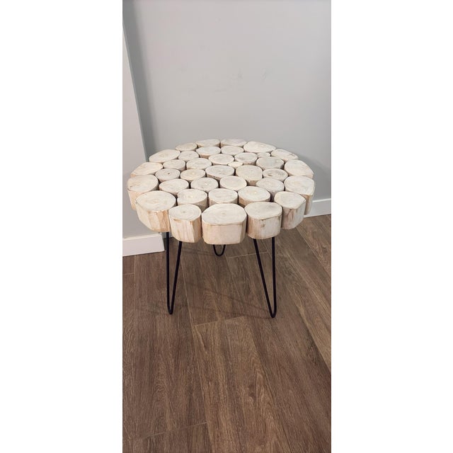 Round Wood Log Slice Coffee Table, Light Wood Top, Black Metal Hairpin Legs. Passed down from my father and a waiting a...