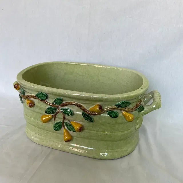 Hand-Painted Oval Shape Ceramic Centerpiece/Planter with Pear on the Branch Design - Artisan Elegance for Timeless Home...