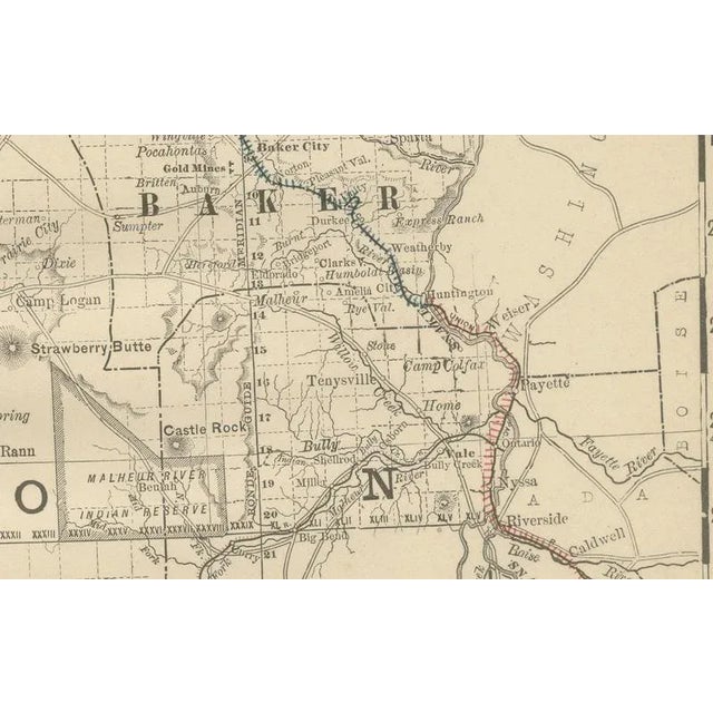 Paper Antique Map of Oregon Railroads with Counties and Native Indian Reservations, 1888 For Sale - Image 7 of 10