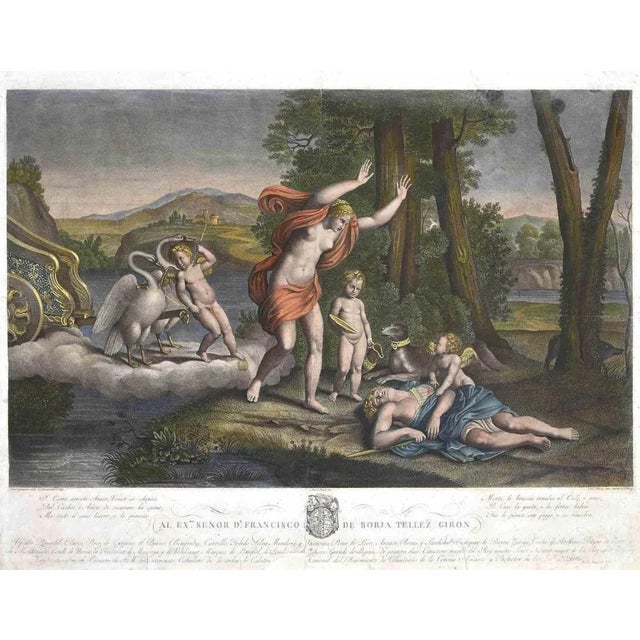 Venus Throws Herself from the Chariot is an original Etching, realized by Nicola Aureli After Domenichino in the 19...