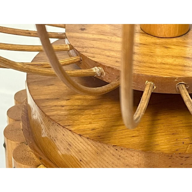 1960's Modernist Bent Rattan With Stacked Wood & Brass Lamps With Finials For Sale - Image 11 of 11