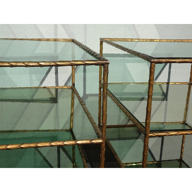 Pair of Vintage Three Tier Brass Bronze Side Tables W Etched Leaf Frames For Sale - Image 16 of 18