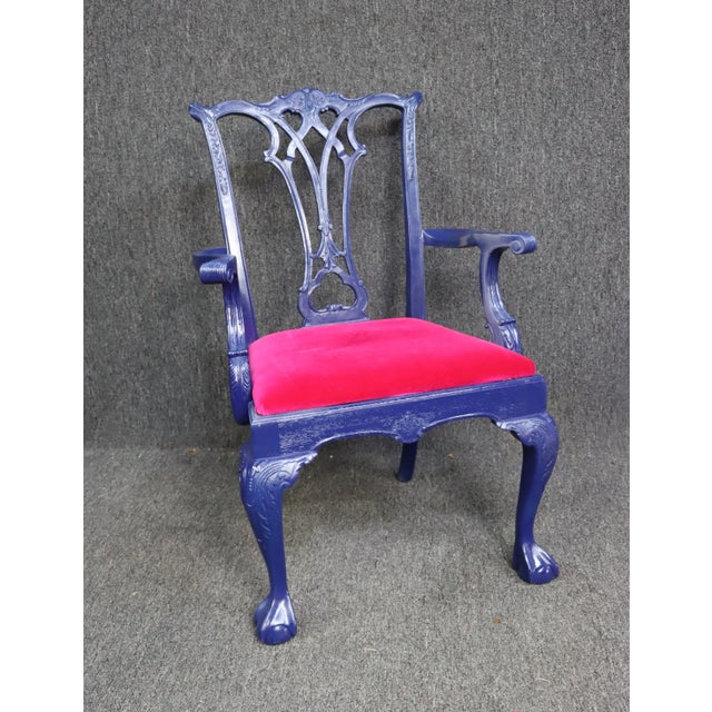 Blue Chippendale Style Blue Lacquered Carved Open Armchair For Sale - Image 8 of 8