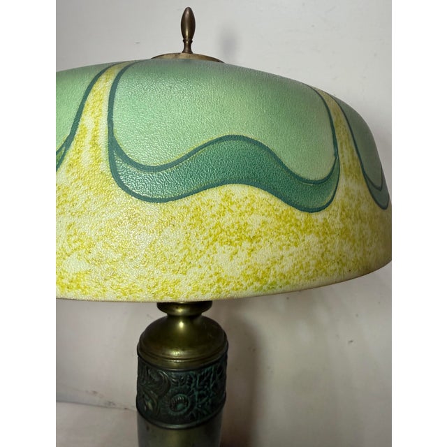 Antique Art Deco Green Pittsburg Hand Painted Glass Bronze Patinated Table Lamp For Sale - Image 9 of 14