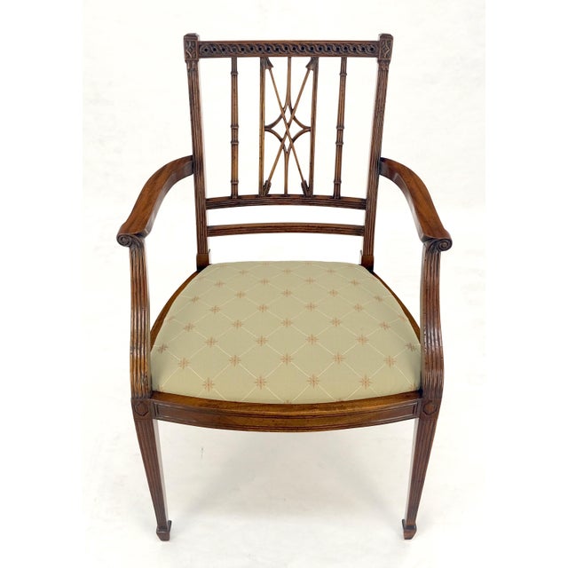 Very Fine Carved Mahogany Open Arm Faux Bamboo Arrows Back Armchair MINT For Sale - Image 6 of 11