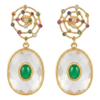Natural Multi Sapphire, Emerald, & White Topaz Earring in 14k Gold For Sale