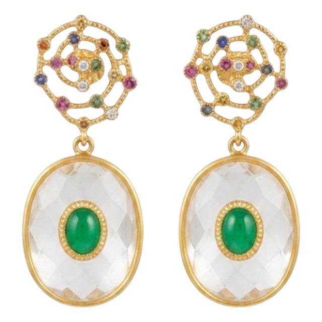 Natural Multi Sapphire, Emerald, & White Topaz Earring in 14k Gold For Sale