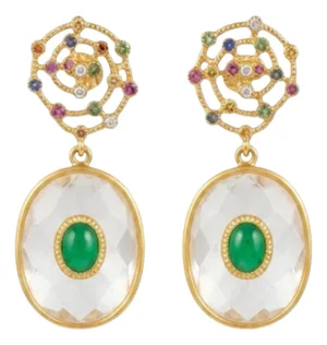 Natural Multi Sapphire, Emerald, & White Topaz Earring in 14k Gold