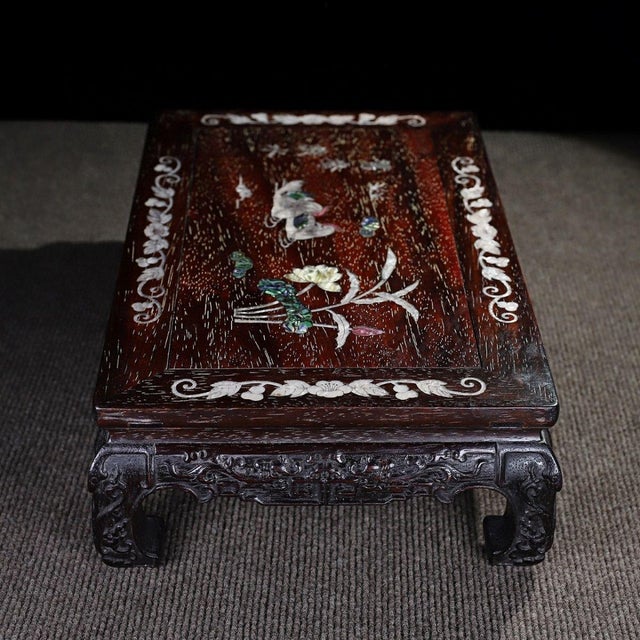 Vintage Rosewood Low Kang Table With Mother-of-Pearl Inlay of Mandarin Ducks For Sale - Image 4 of 9