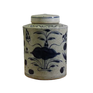Chinese Beige Crackle Ceramic Flower Birds Graphic Container Urn Jar