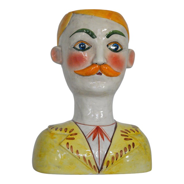 1960s Horchow Italian Hand Painted Ceramic Male Head Bust Planter Vase For Sale